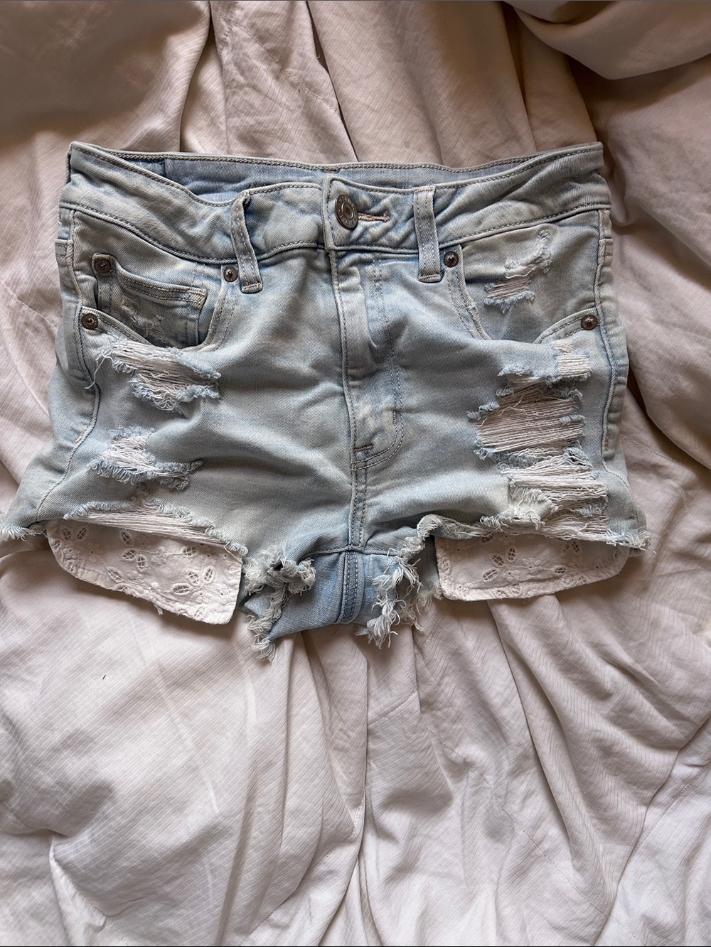American Eagle Outfitters Light Blue Distressed Denim Shorts with Lace Inset